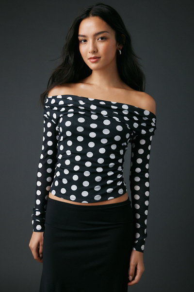 UO Fia Mesh Long Sleeve Off-The-Shoulder Crop Top