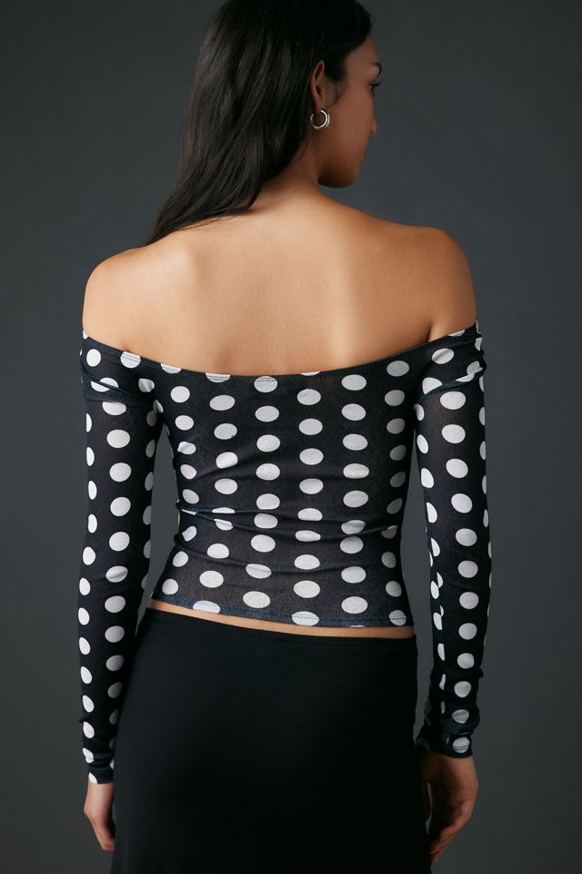 UO Fia Mesh Long Sleeve Off-The-Shoulder Crop Top #3