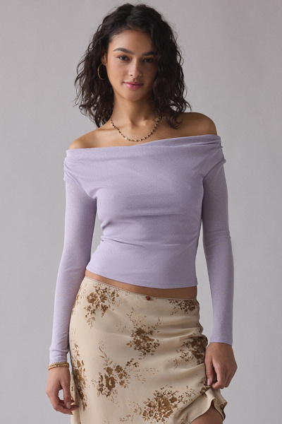UO Fia Mesh Long Sleeve Off-The-Shoulder Crop Top