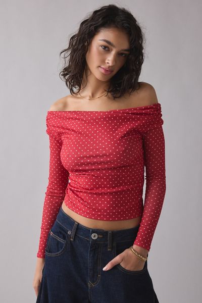 UO Fia Mesh Long Sleeve Off-The-Shoulder Crop Top