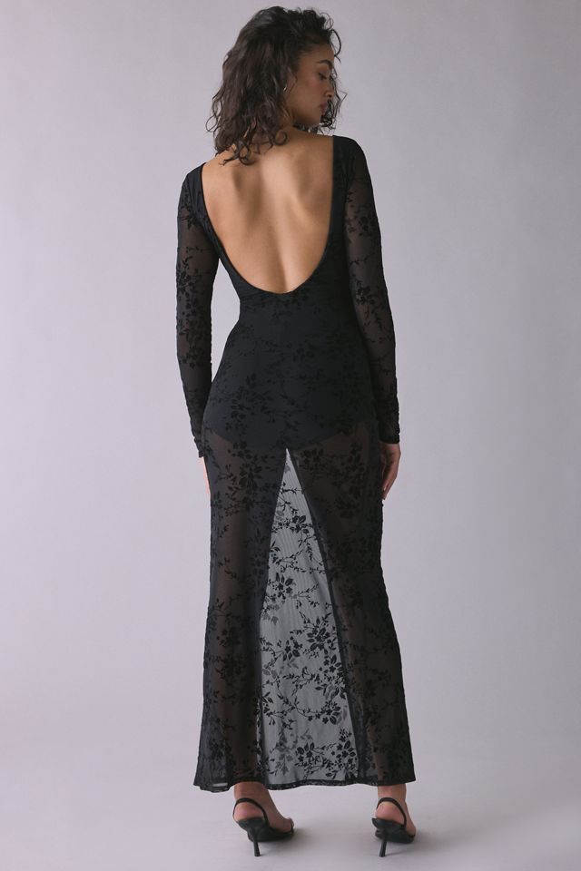 UO Bombshell Sheer Burnout Velvet Floral Long Sleeve Maxi Dress #3