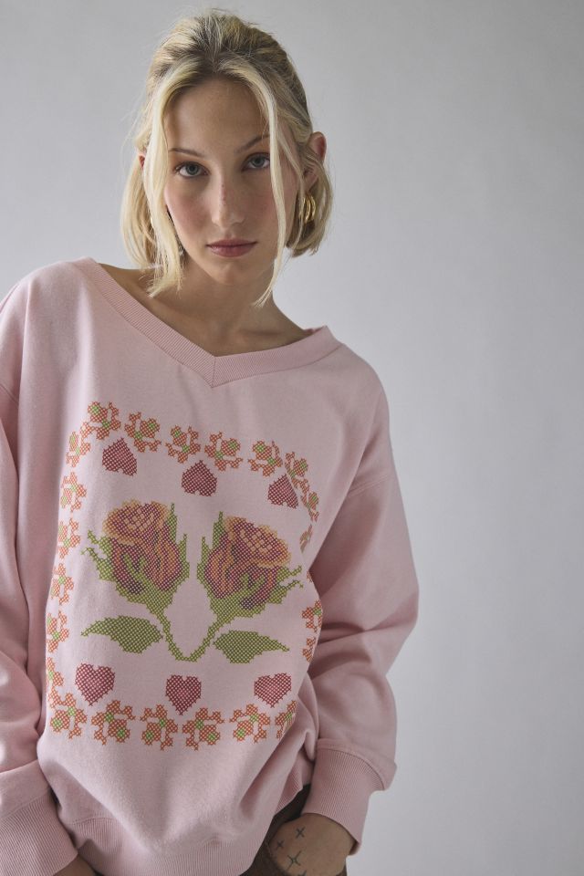 UO Cross Stitch Graphic V-Neck Pullover Sweatshirt #1