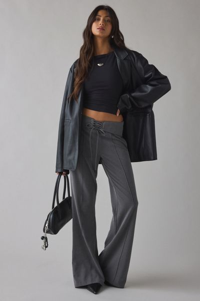 Motel Zallen Lace-up Low-rise Flare Trouser Pant In Grey, Women's At Urban Outfitters In Gray