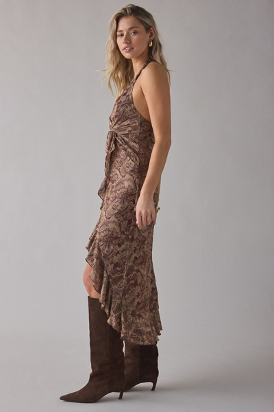UO Twisted Tie Mesh Asymmetric Ruffle High-Low Midi Dress