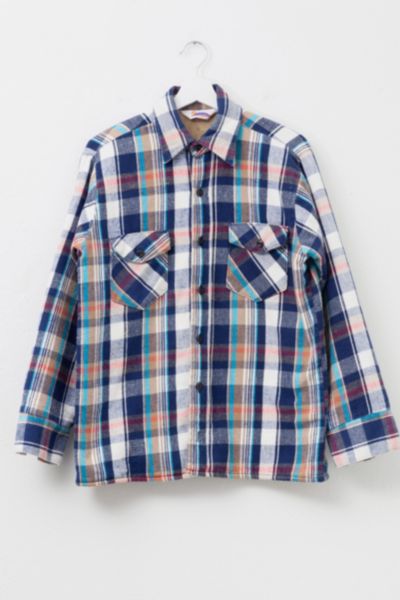 Vintage 1990s Distressed Blue White Plaid Quilt Lined Button Up Shirt
