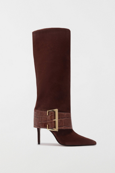 Schutz Beatrix Suede Knee-high Boots With Croc-embossed Buckle In Brown