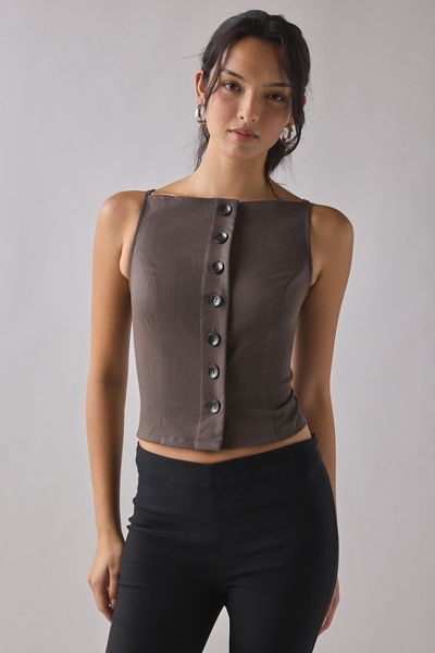 ReMADE By UO Remnants Pinstripe Button-Front High Boatneck Tank Top