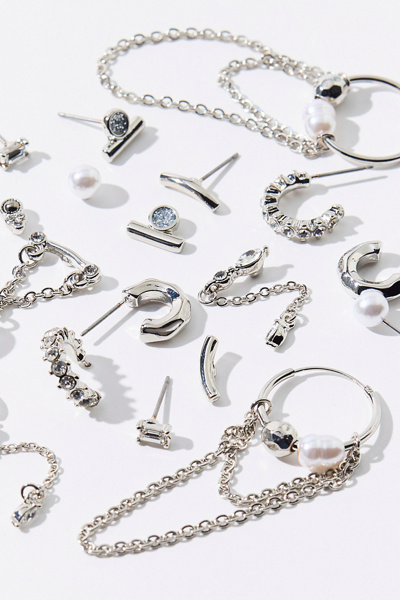 Urban Outfitters In Space Rhinestone & Pearl Multi Earring Set In Silver, Women's At