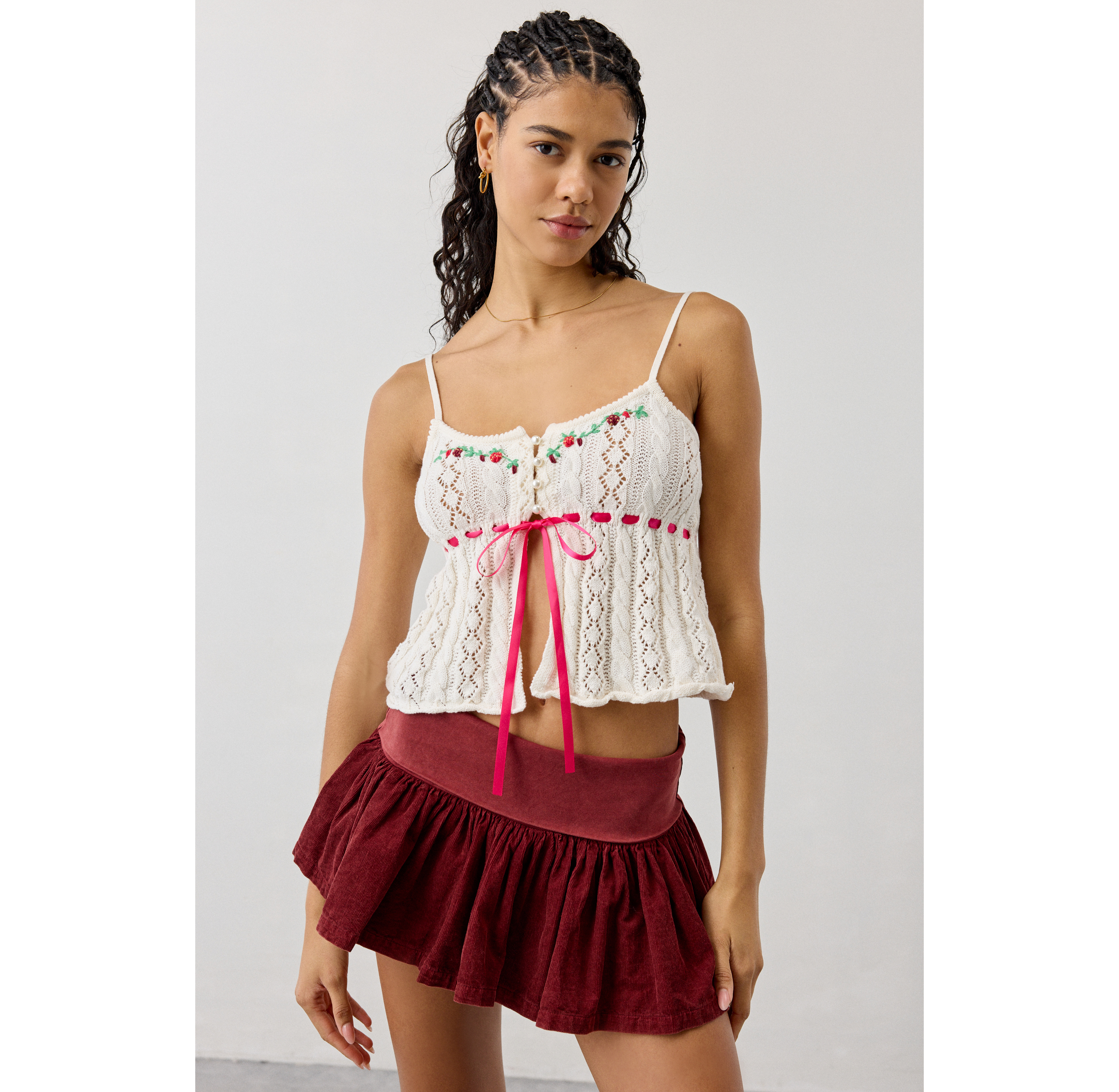 Kimchi Blue Brooklyn Floral Embroidered Pointelle Knit Babydoll Tank Top