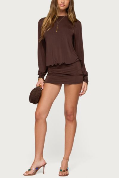 Edikted Guilia Backless Long Sleeve Romper In Dark/brown, Women's At Urban Outfitters In Brown