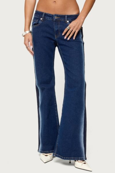 Edikted Airbrushed Low Rise Flared Jeans In Dark/blue/washed, Women's At Urban Outfitters In Blue