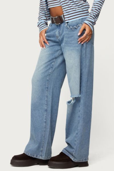 Edikted Dutton Distressed Low Rise Jeans In Light/blue, Women's At Urban Outfitters In Blue