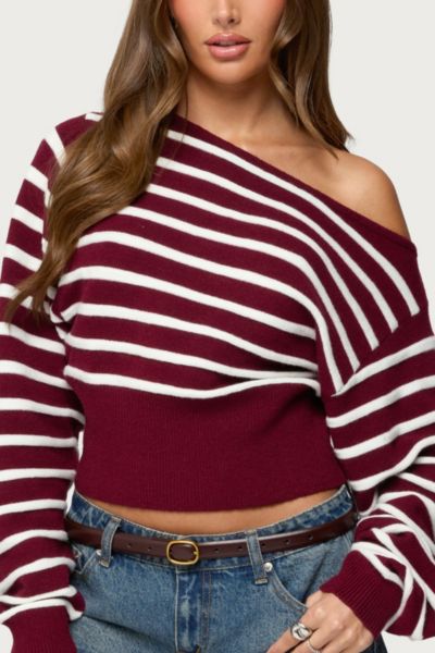 Edikted Mika Stripe Oversize Off The Shoulder Sweater In Burgundy