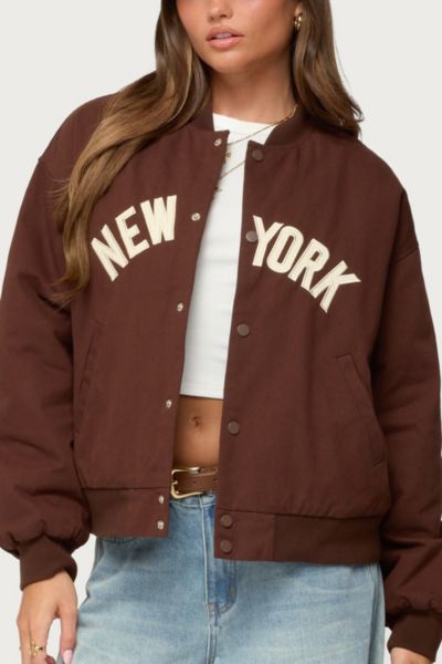 Edikted Big Apple Oversize Cotton Bomber Jacket In Brown