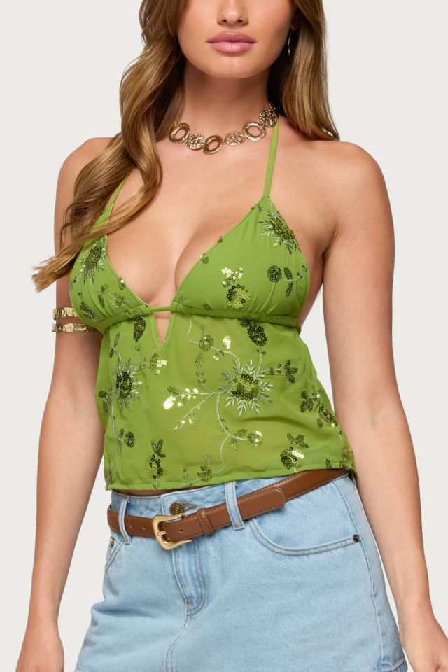 Edikted Kiki Sequin Floral Chiffon Halter Top #2