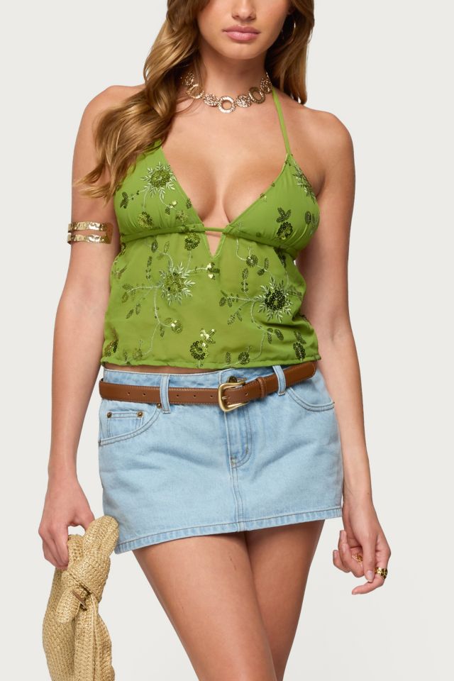 Edikted Kiki Sequin Floral Chiffon Halter Top #3