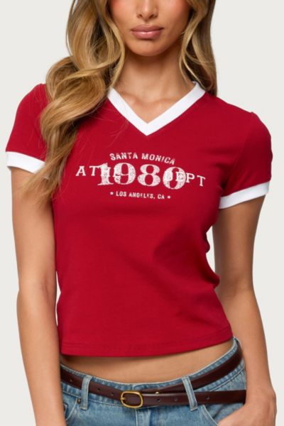 Edikted Santa Monica V Neck T Shirt Top In Red, Women's At Urban Outfitters