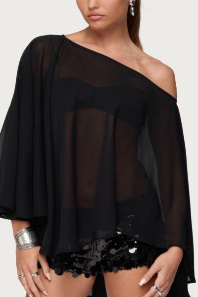 Edikted Sheer Chiffon Asymmetric Poncho Top In Black, Women's At Urban Outfitters In Black