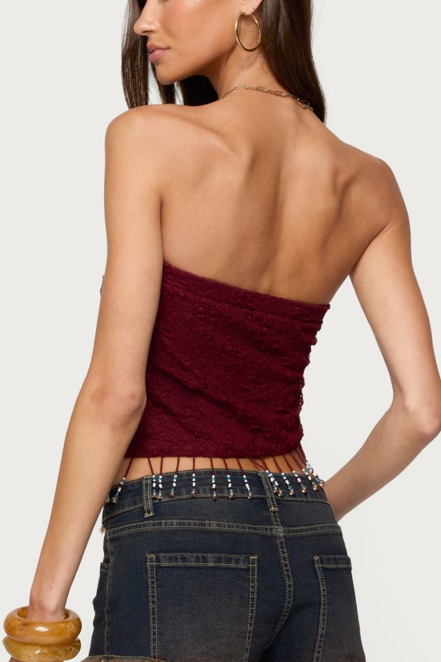 Edikted Textured Asymmetric Bead Fringe Strapless Top #4