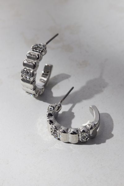 Urban Outfitters Carolina Ridged Rhinestone Hoop Earring In Silver, Women's At  In Metallic