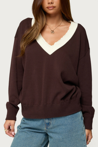 Edikted Marie Contrast Lacey V Neck Sweater In Brown, Women's At Urban Outfitters