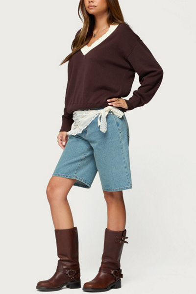 Edikted Marie Contrast Lacey V Neck Sweater