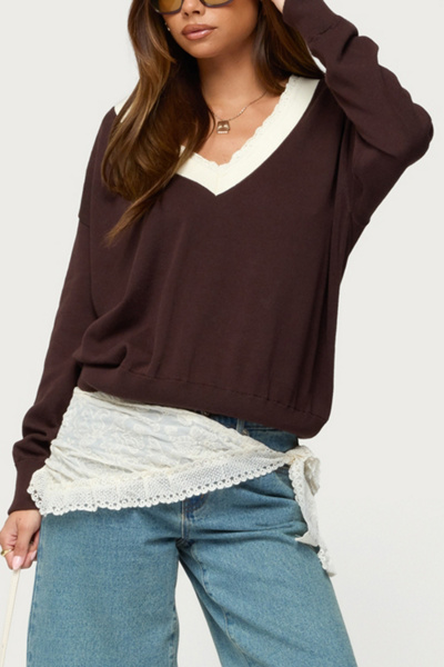 Edikted Marie Contrast Lacey V Neck Sweater
