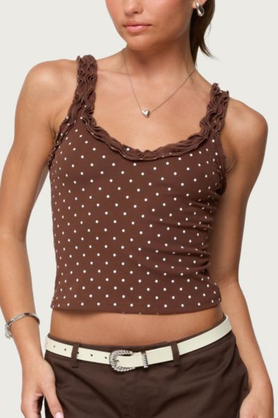 Edikted Pippin Ruffle Polka Dot Tank Top In Brown, Women's At Urban Outfitters In Brown