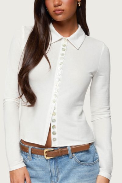 Edikted Pennie Iridescent Button Up Shirt Top In Cream, Women's At Urban Outfitters In White