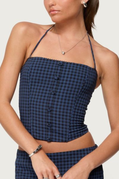Edikted Winsley Gingham Halter Corset In Blue/and/black, Women's At Urban Outfitters In Blue
