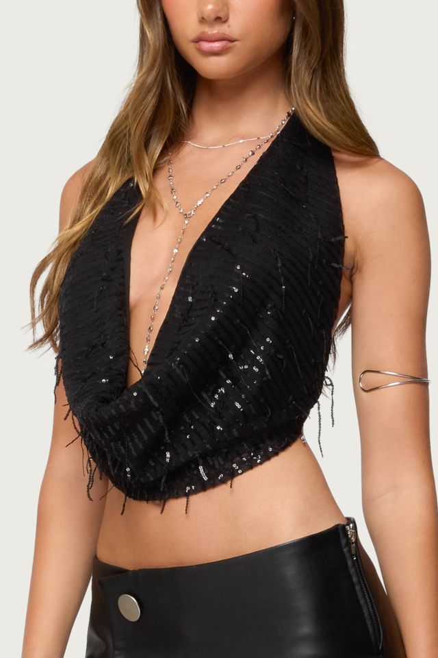 Edikted Fringed Sequin Backless Halter Top #2