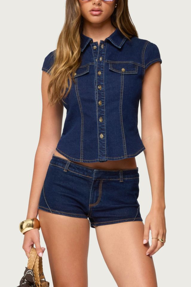 Edikted Contrast Stitch Button Up Denim Shirt #3