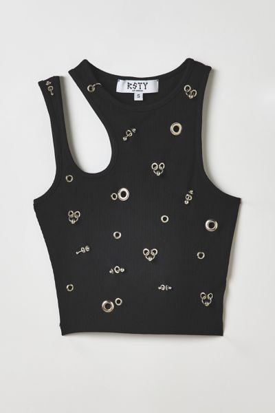 Vintage By RSTY Black Asymmetric Pierced Grommet Cropped Tank Top