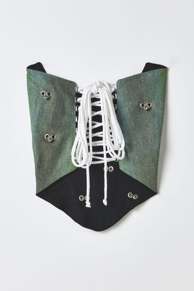 Vintage By RSTY Colorful Pierced Grommet Studded Green Denim Corset Top #1