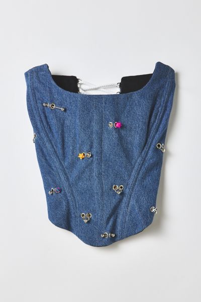 Vintage By RSTY Colorful Pierced Grommet Studded Denim Corset Top