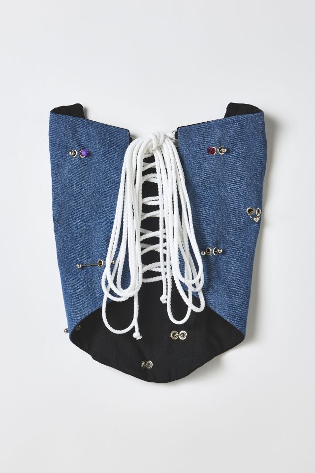 Vintage By RSTY Colorful Pierced Grommet Studded Denim Corset Top #1