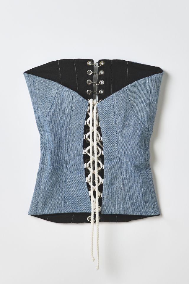 Vintage By RSTY Pierced Grommet Studded Split-Front Denim Corset Top #1