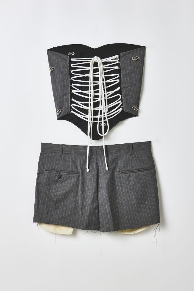 Vintage By RSTY Grey Pinstripe Pierced Corset Top + Mini Skirt 2-Piece Set #1