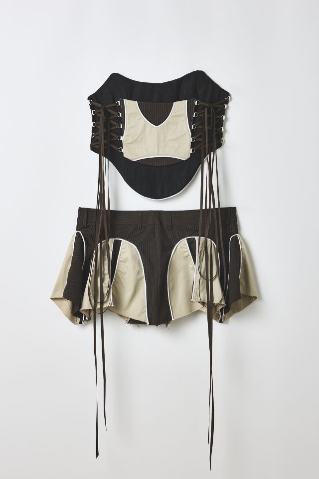 Vintage By RSTY Spliced Brown Corset Top + Mini Skirt 2-Piece Set #1