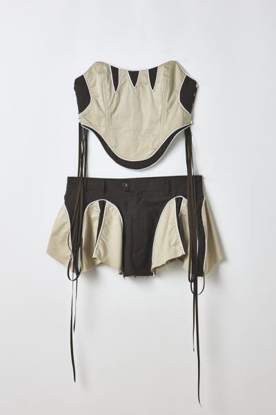 Vintage By RSTY Spliced Brown Corset Top + Mini Skirt 2-Piece Set