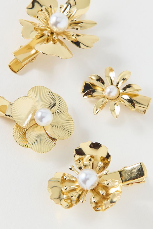 Pearl And Metal Flower Clips Set #1