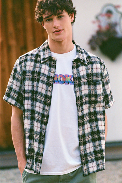 BDG Plaid Textured Weave Short Sleeve Shirt Top in Neutral Plaid, Men’s at Urban Outfitters