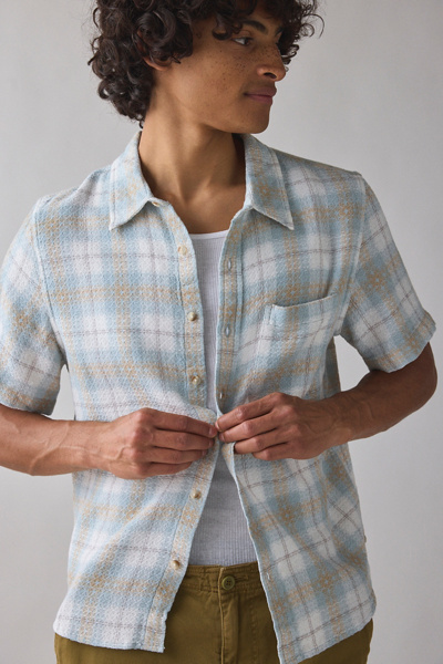 BDG Plaid Textured Weave Short Sleeve Shirt Top in Slate Plaid, Men’s at Urban Outfitters