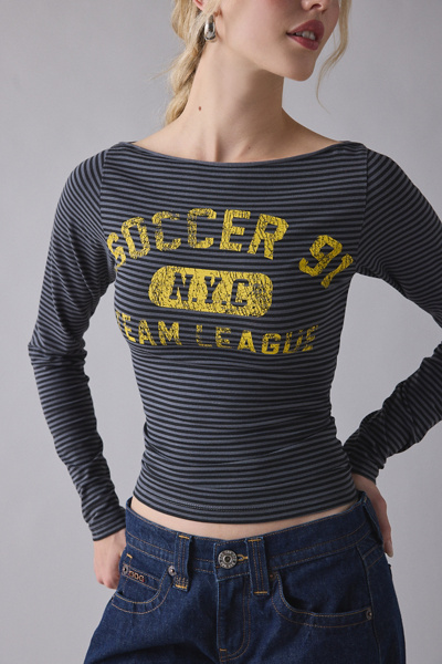 Varsity Sports Graphic Boatneck Long Sleeve Slim Tee