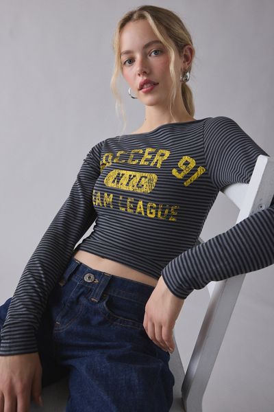 Varsity Sports Graphic Boatneck Long Sleeve Slim Tee
