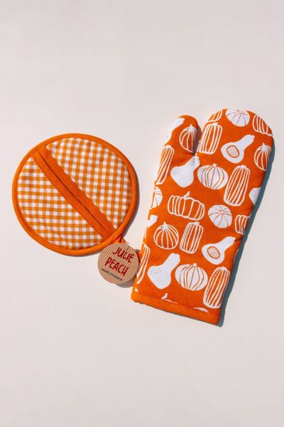 Julie Peach Gingham & Gourds Oven Mitt Set In Orange At Urban Outfitters