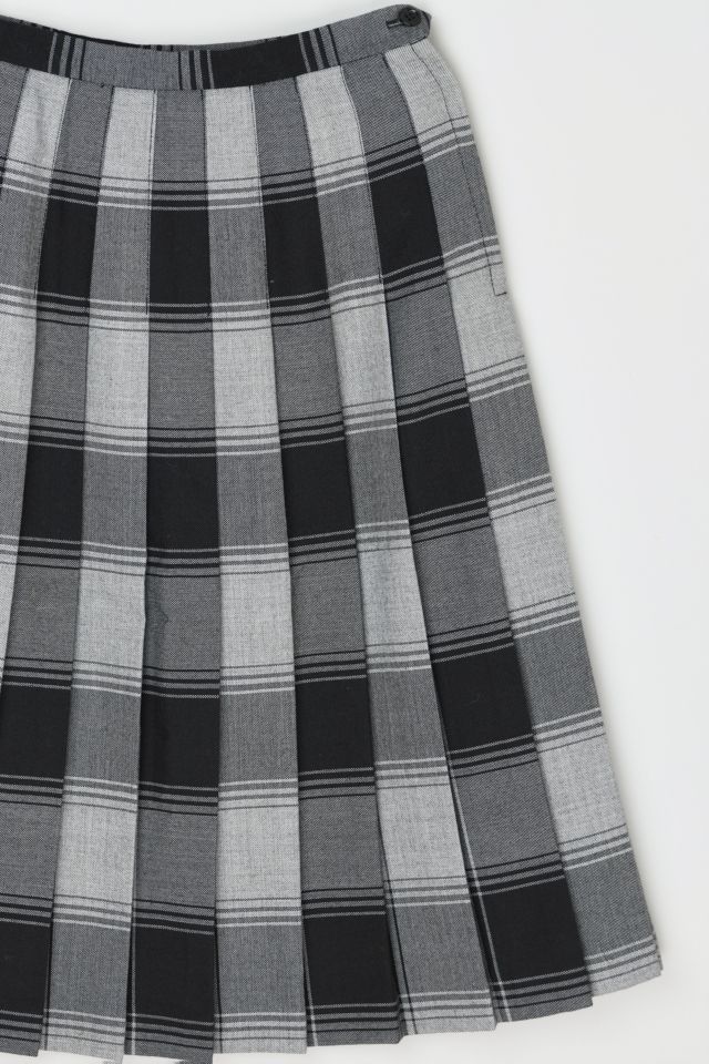 Vintage 1960s Grey & Black Plaid Pleated Midi Skirt #1