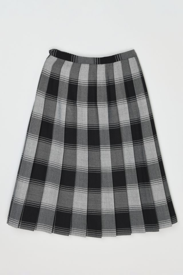 Vintage 1960s Grey & Black Plaid Pleated Midi Skirt #2