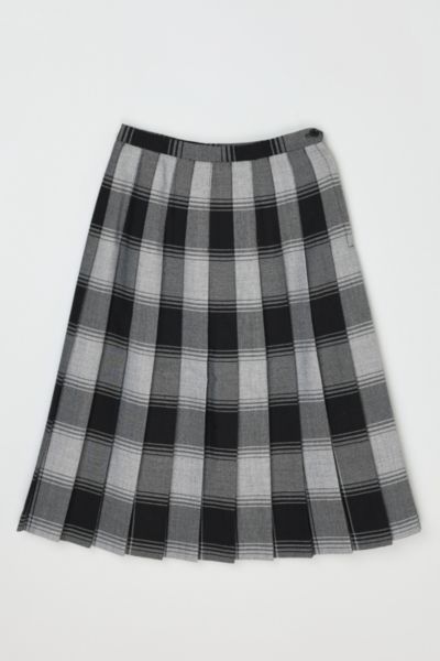 Vintage 1960s Grey & Black Plaid Pleated Midi Skirt