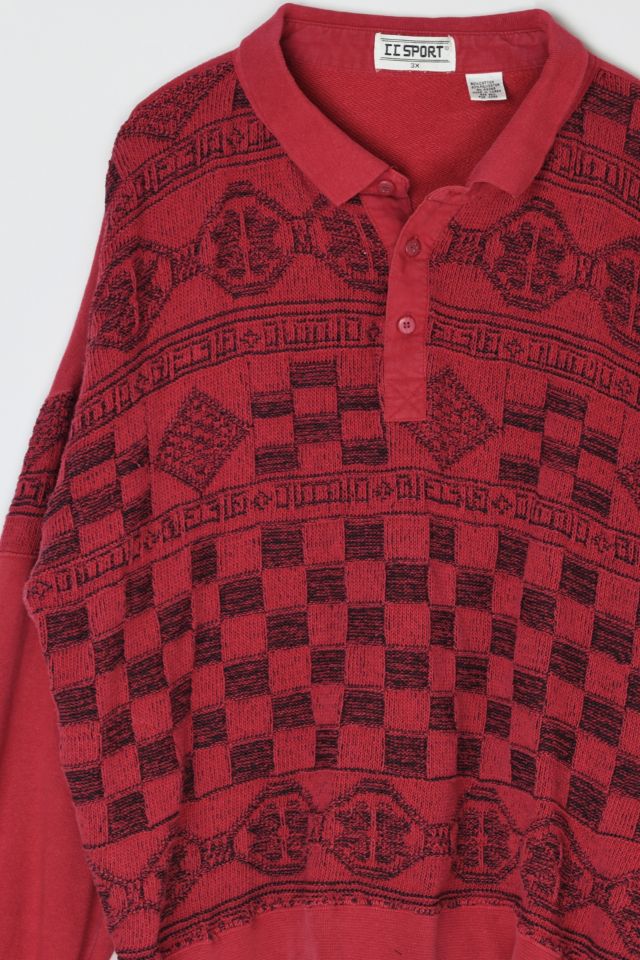 Vintage 90s Red & Black Patterned Knit Button-Collar Sweater #1
